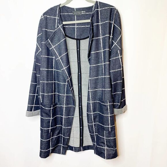 ASTR Blue Windowpane Open Front Blanket Jacket - Picture 1 of 6